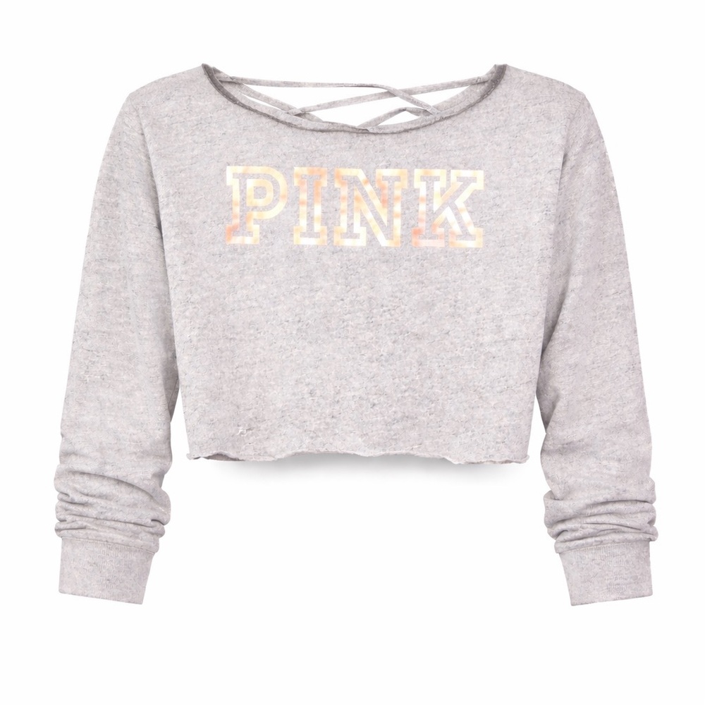 PINK Victoria’s Secret Cropped Sweatshirt Metallic Logo Gray Soft S